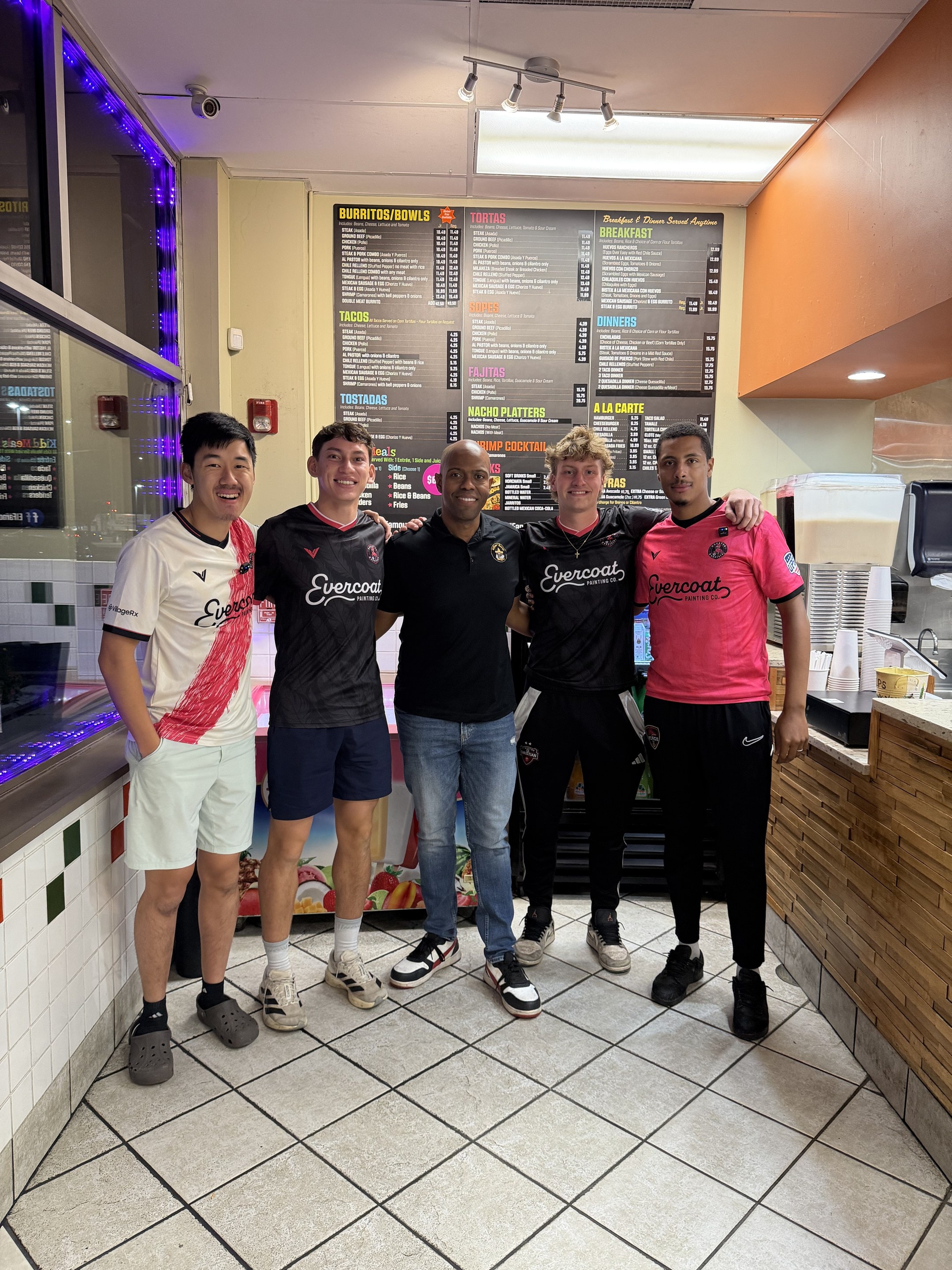 John Kadiman with Wheaton Wanderers FC partners at El Famous Burrito